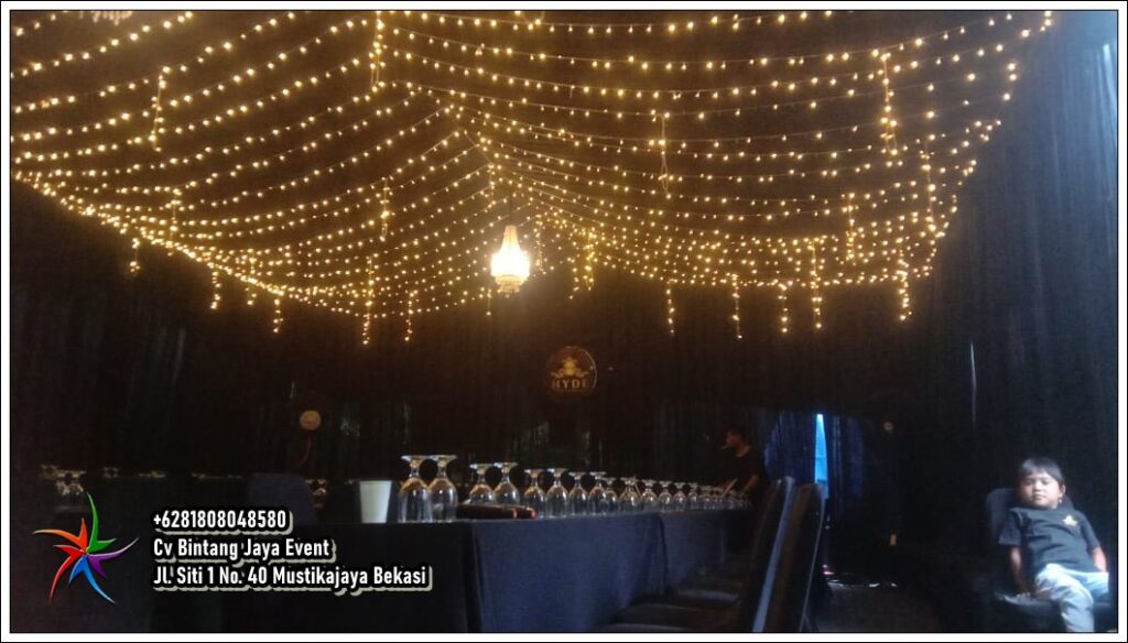 Sewa Tenda Dekorasi Kain Hitam & Fairy Light Mewah Mampang Prapatan