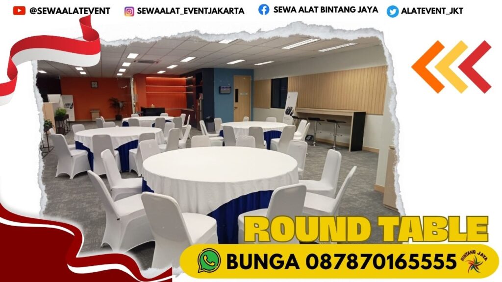 SEWA ROUND TABLE SKIRTING BIRU TOPPING PUTIH JAKARTA