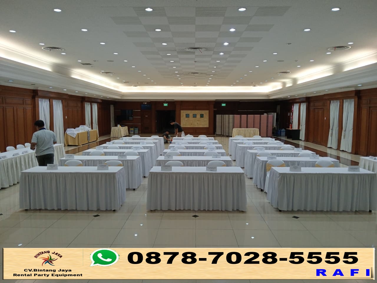 Jasa Sewa Meja Kotak Rumbai Putih Di Jaktim