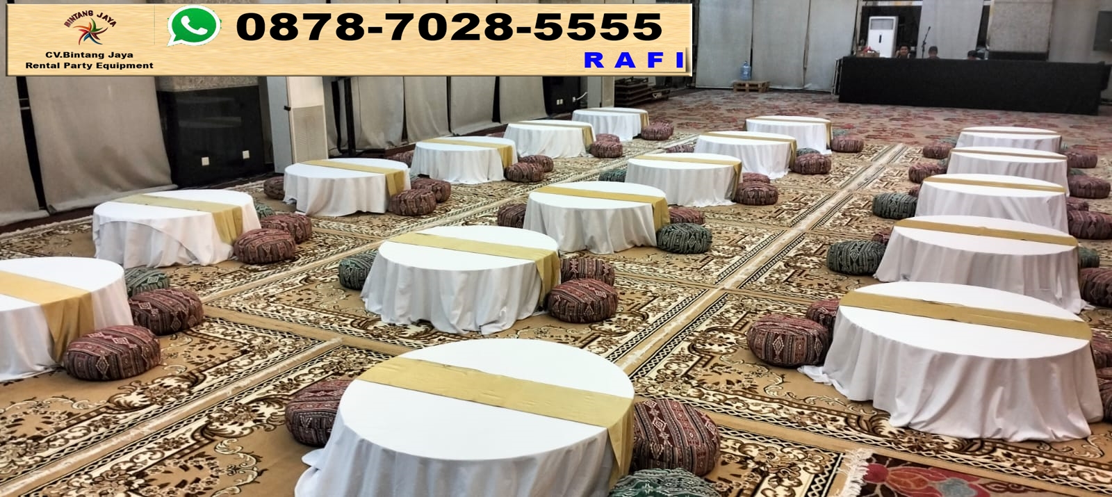 Sewa Meja Bundar Lesehan Lengkap Karpet Permadani Coklat Bogor