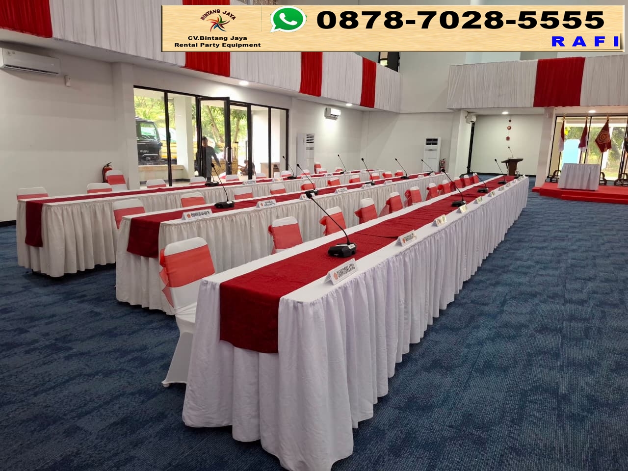 Sewa Long Table Cover Merah Dan Putih Serpong