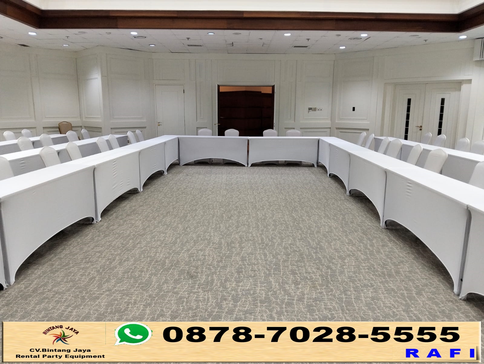 Sewa Meja Ibm 180x45cm Taplak Putih Ketat Wisma Danantara