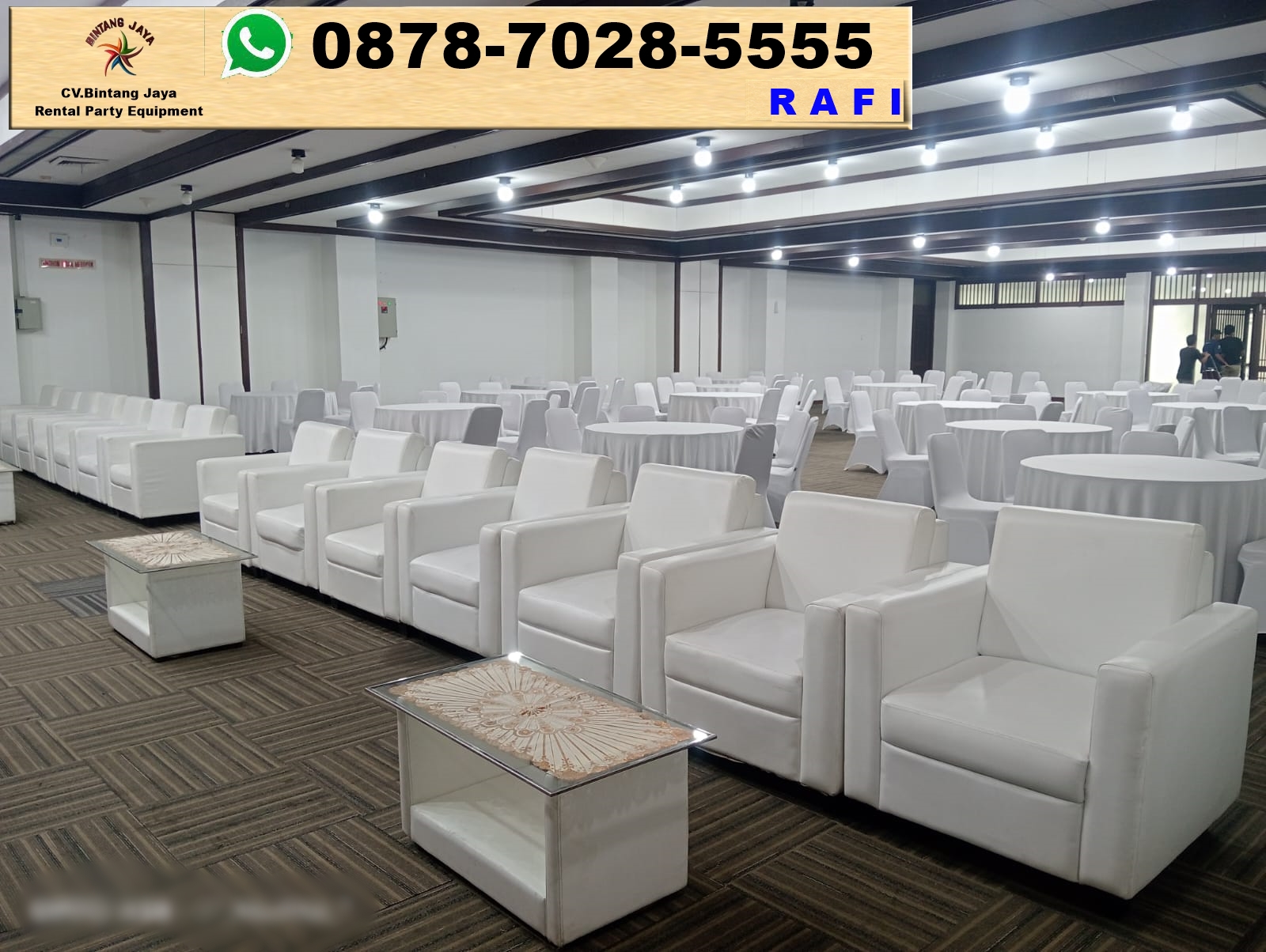 Sewa Kursi Sofa Putih Meja VIP Kaca Karawang 0878-7028-5555