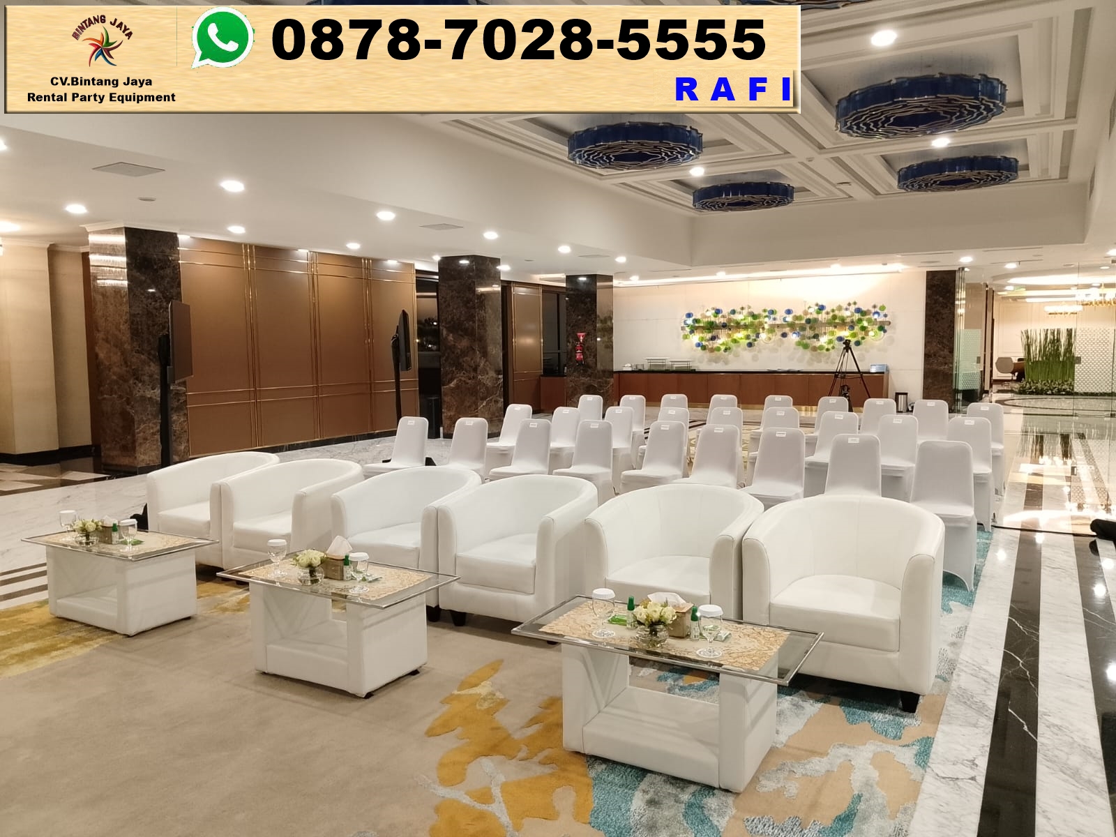 Sewa Sofa Putih Type Oval Set Meja VIP Kaca Jakarta 0878-7028-5555