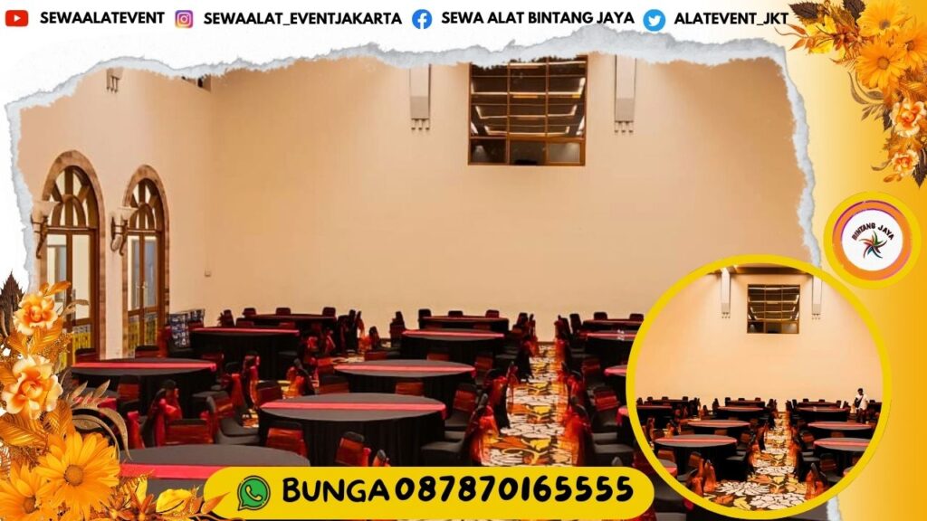 TAMPIL MEWAH DENGAN SEWA MEJA BULAT COVER HITAM RUNNER MERAH AREA DEPOK DAN SEKITARNYA