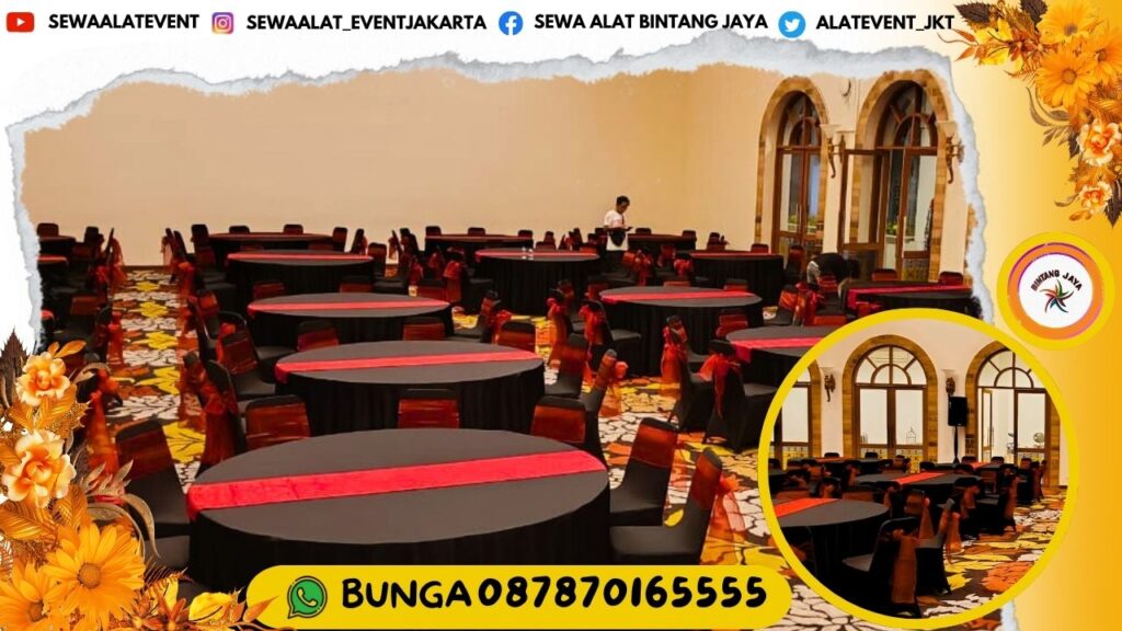 TAMPIL MEWAH DENGAN SEWA MEJA BULAT COVER HITAM RUNNER MERAH AREA DEPOK DAN SEKITARNYA