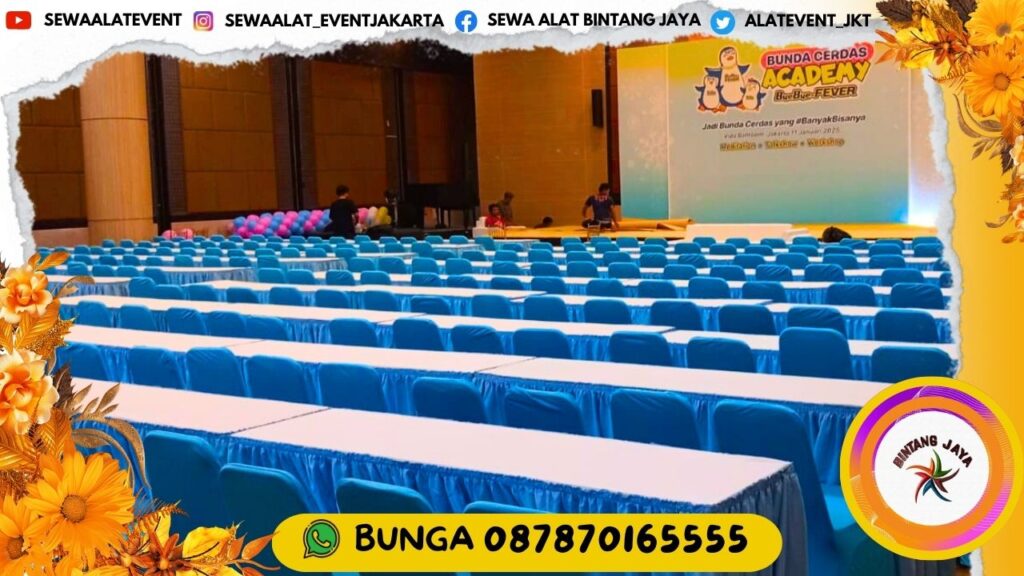 JASA SEWA MEJA IBM COVER PUTIH DAN KURSI FUTURA COVER BIRU MUDA DI JAKARTA BOGOR DAN BEKASI