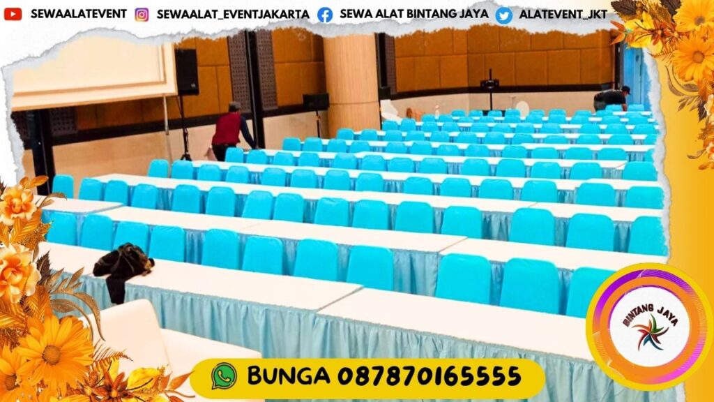 JASA SEWA MEJA IBM COVER PUTIH DAN KURSI FUTURA COVER BIRU MUDA DI JAKARTA BOGOR DAN BEKASI