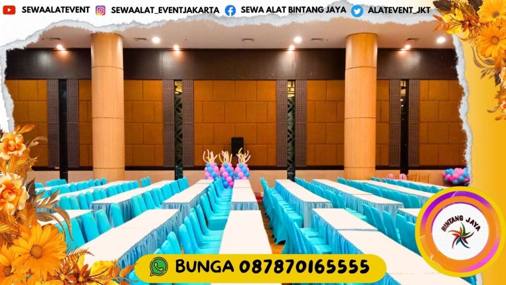 JASA SEWA MEJA IBM COVER PUTIH DAN KURSI FUTURA COVER BIRU MUDA DI JAKARTA BOGOR DAN BEKASI