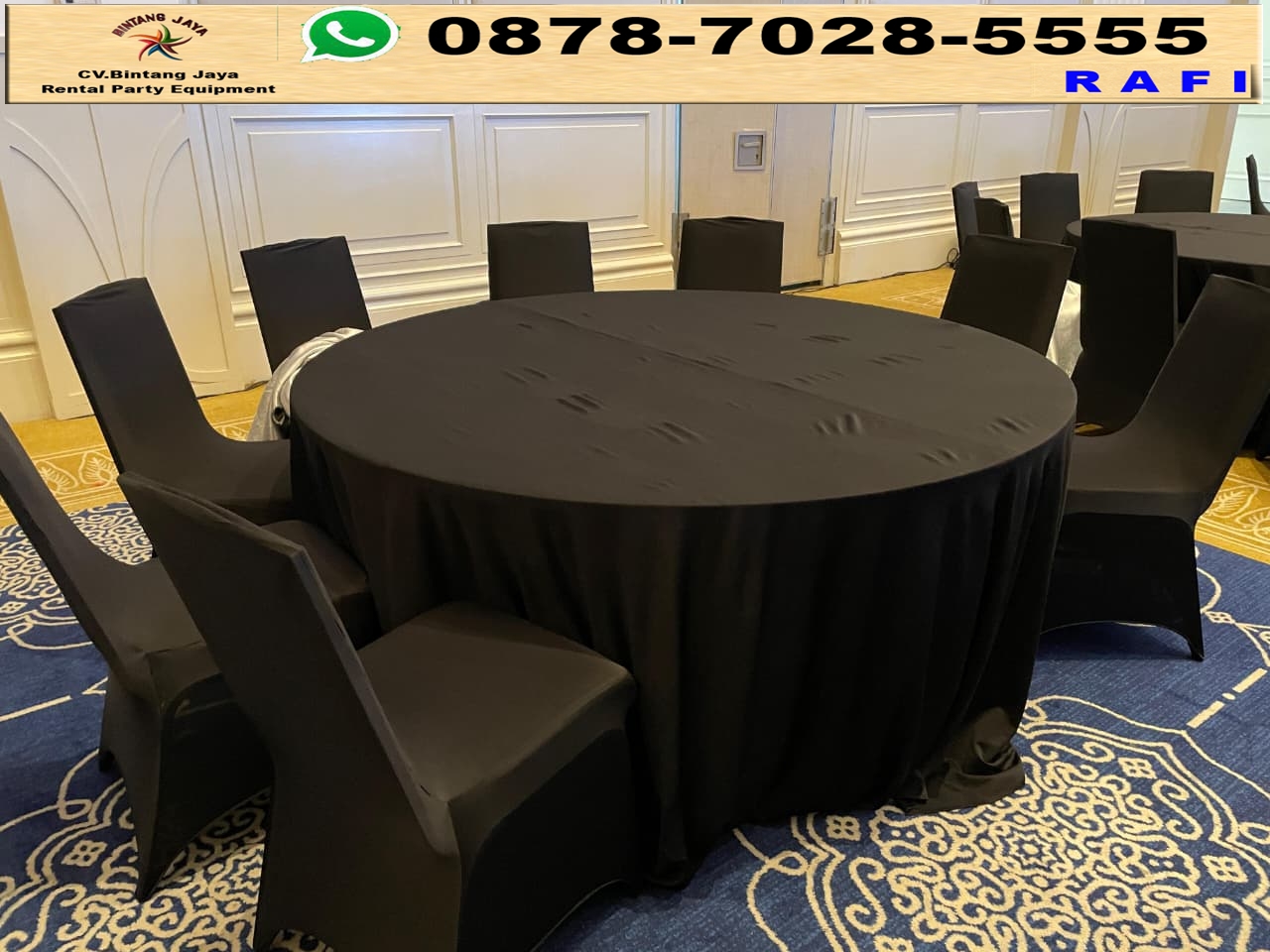 Rental Cover Round Table Dan Cover Kursi Warna Hitam Event Tribrata Jakarta
