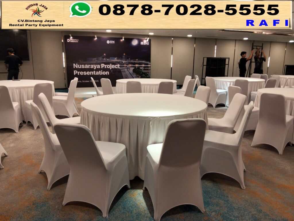 Sewa Meja Bundar IBM Kursi Futura Cover Putih Jakarta