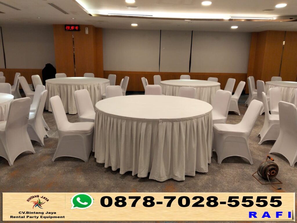 Sewa Meja Bundar IBM Kursi Futura Cover Putih Jakarta