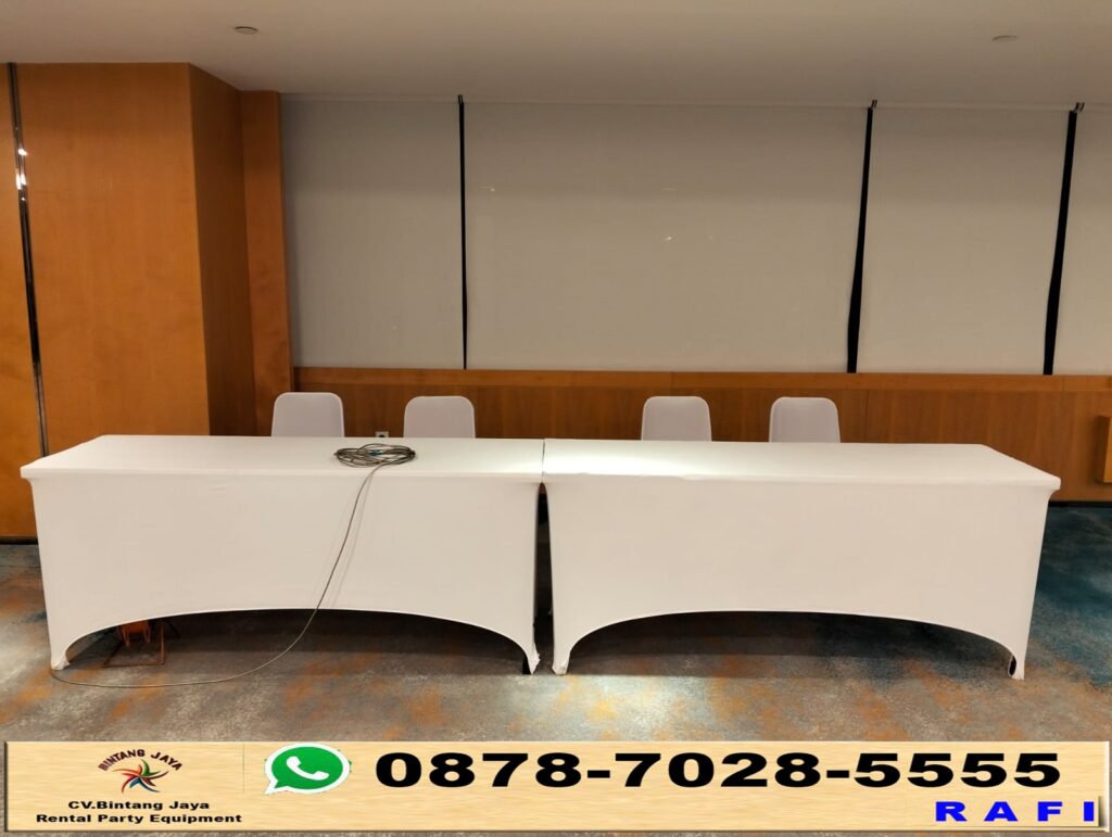 Sewa Meja Bundar IBM Kursi Futura Cover Putih Jakarta