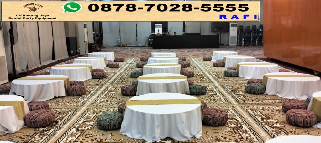 Sewa Meja Bundar Lesehan Lengkap Karpet Permadani Coklat Bogor