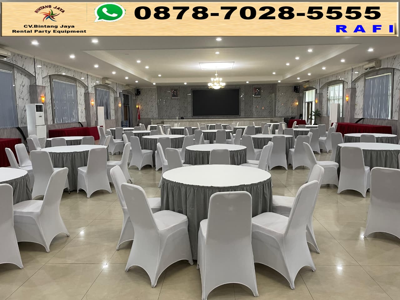Rental Round Table Cover Abu-Abu Dan Kursi Cover Putih Jakarta