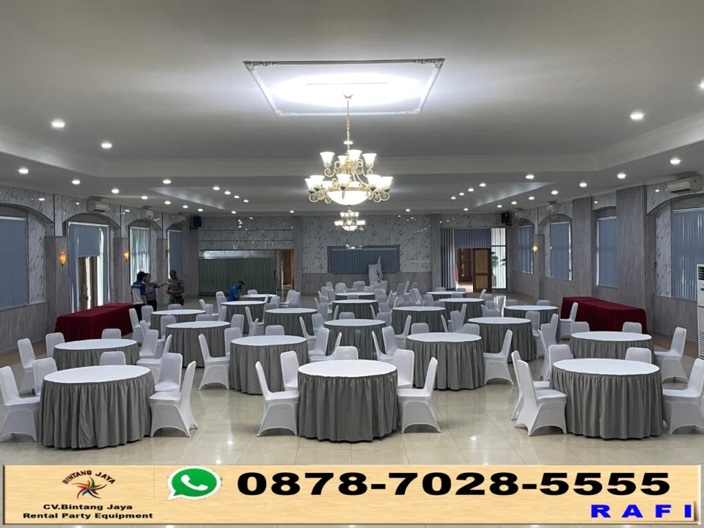 Rental Round Table Cover Abu-Abu Dan Kursi Cover Putih Jakarta