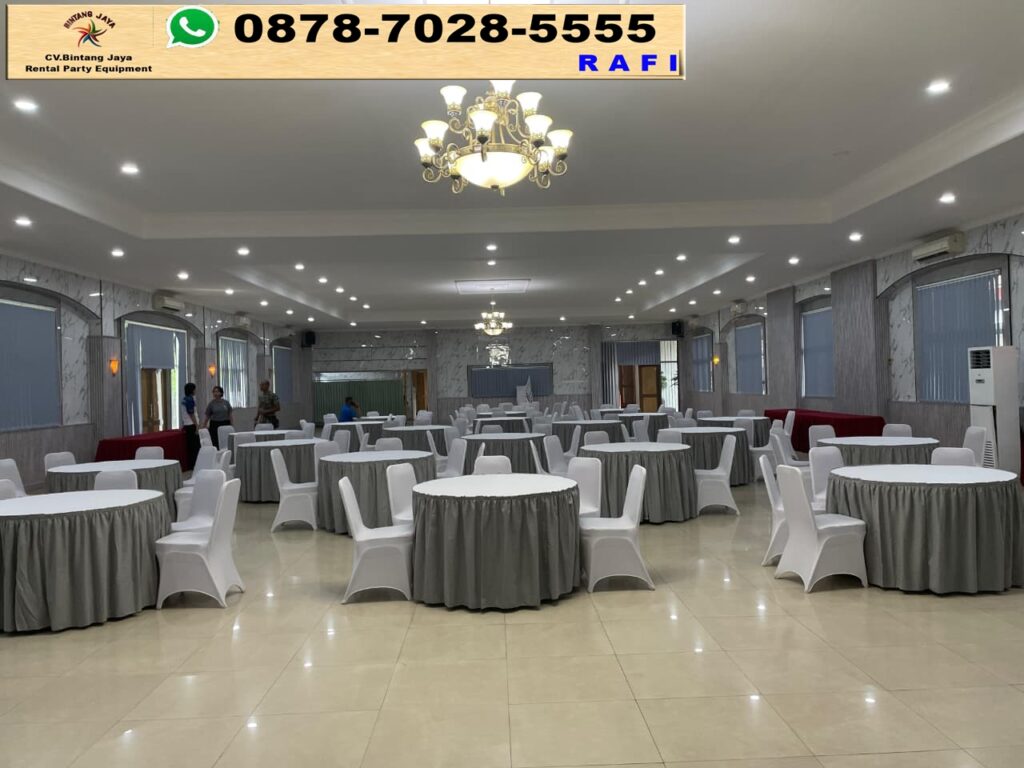 Rental Round Table Cover Abu-Abu Dan Kursi Cover Putih Jakarta