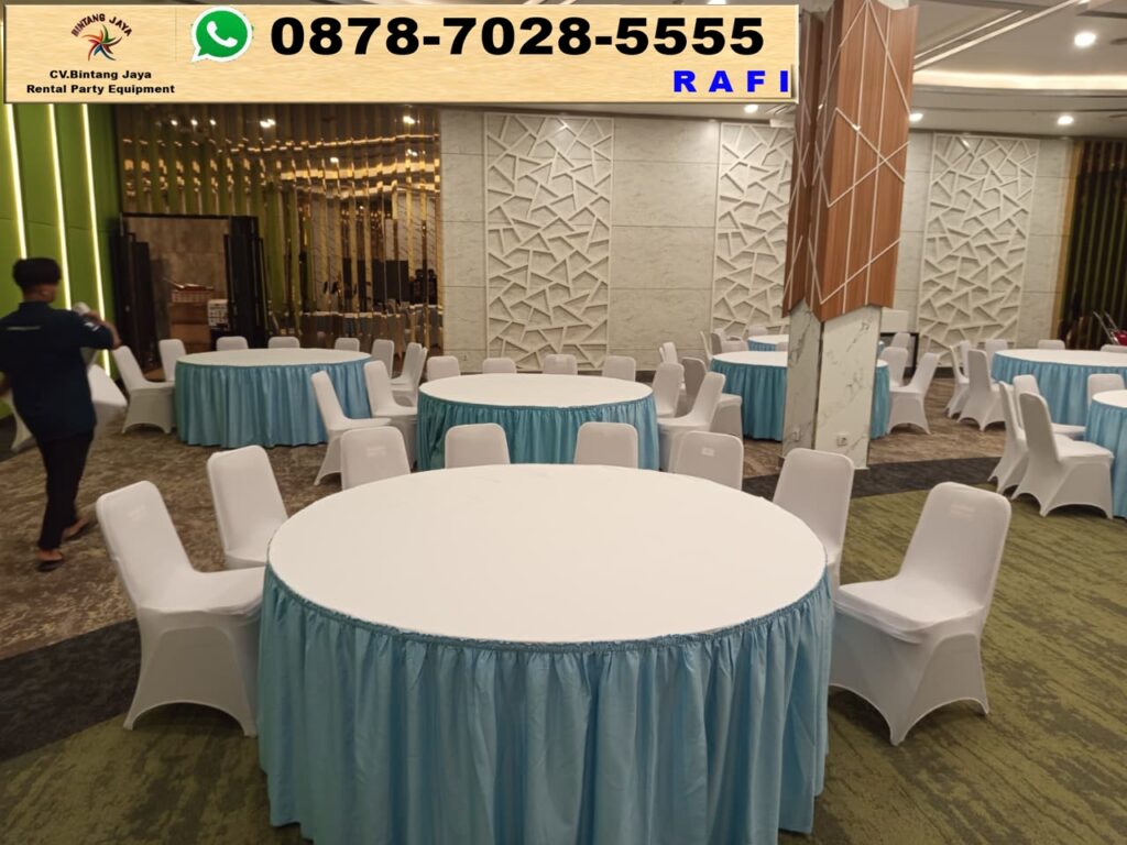 Rental meja Bulat Taplak Putih Sekriting Biru Muda Jakarta