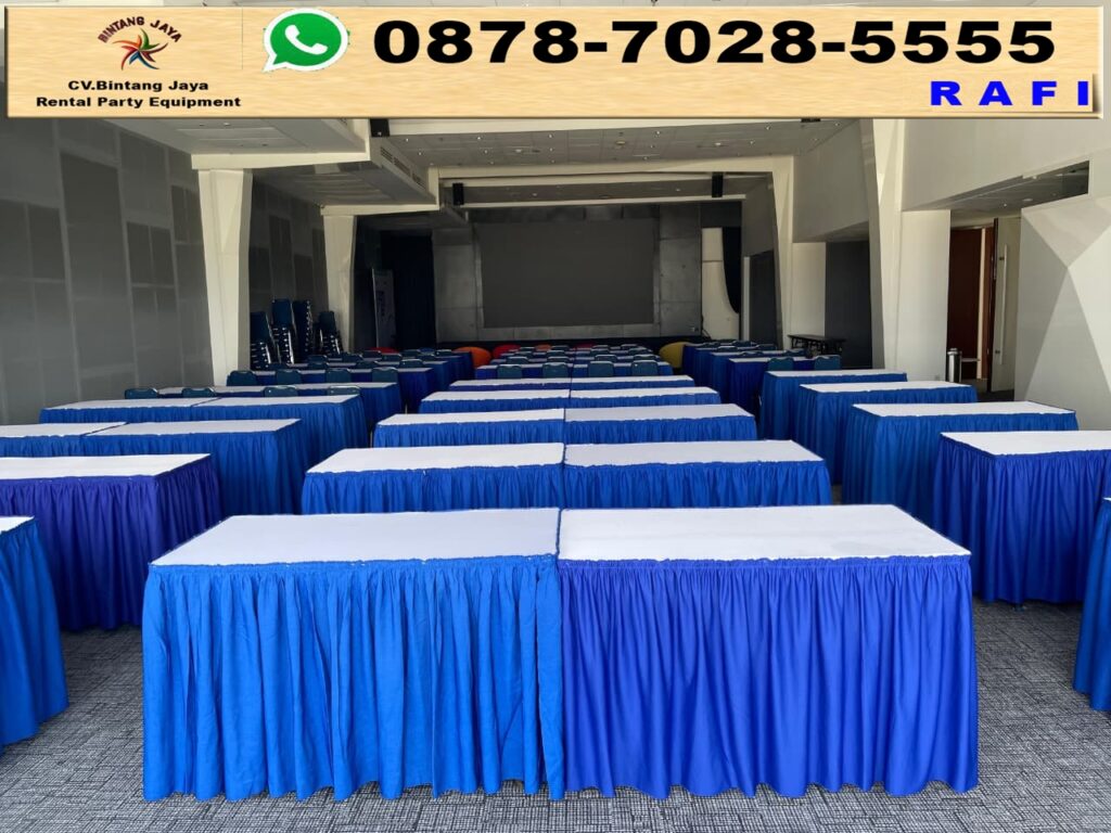 Rental Sewa Meja Kotak Cover Putih Dan Biru Event PT Menjangan Sakti