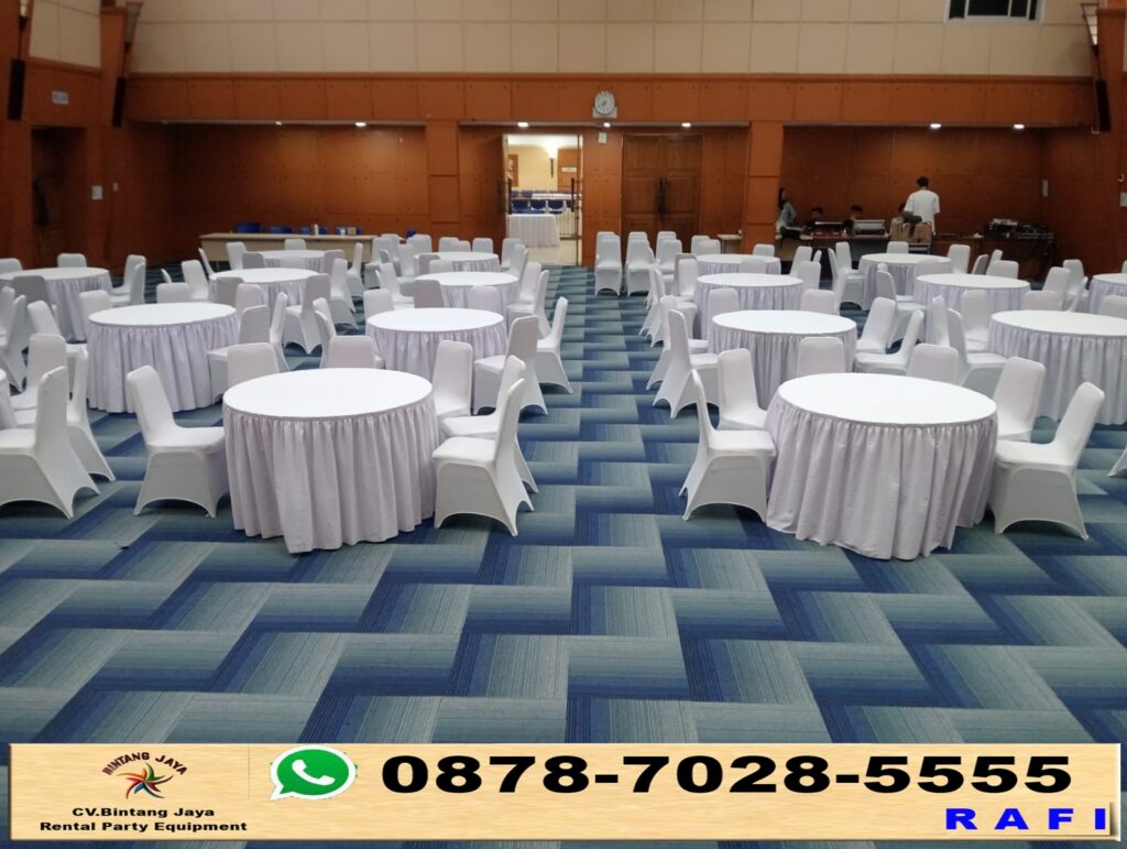 Sewa MEJA BULAT KURSI FUTURA cover putih event Kemendikti Jakarta