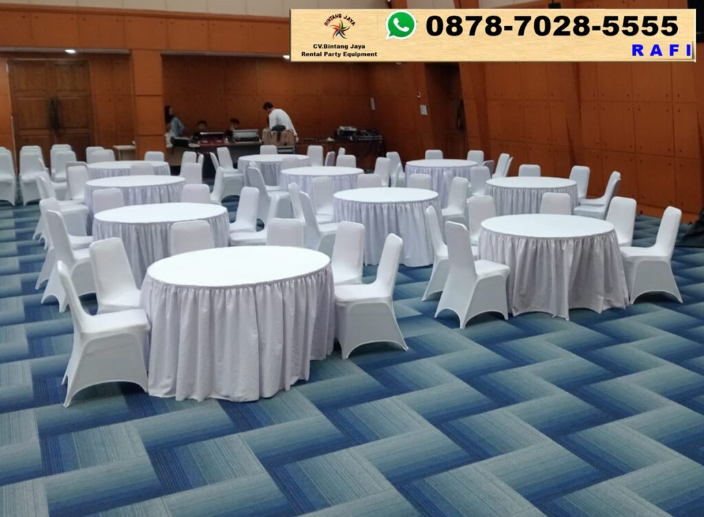 Sewa MEJA BULAT KURSI FUTURA cover putih event Kemendikti Jakarta