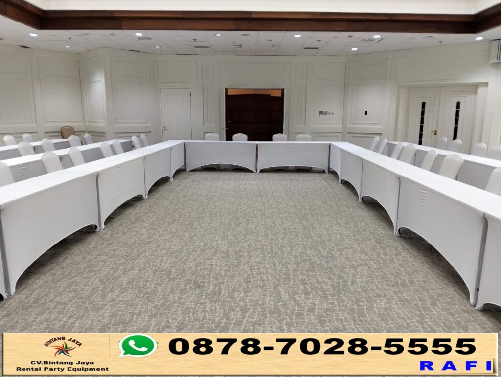 Sewa Meja Ibm 180x45cm Taplak Putih Ketat Wisma Danantara