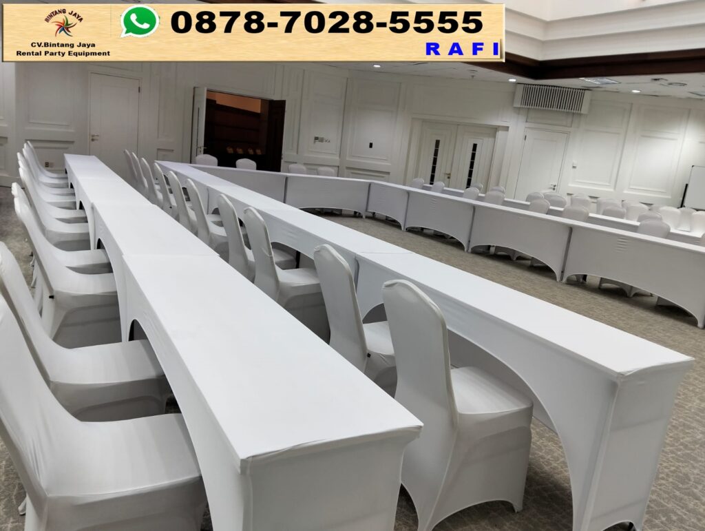 Sewa Meja Ibm 180x45cm Taplak Putih Ketat Wisma Danantara