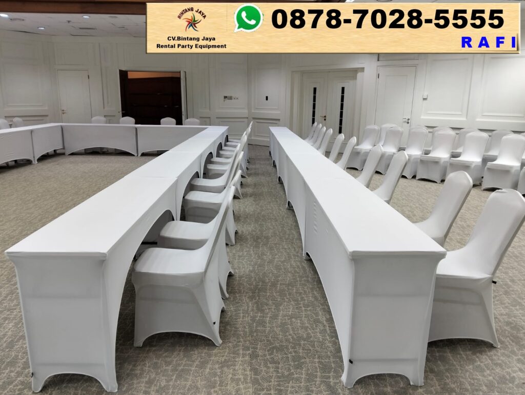 Sewa Meja Ibm 180x45cm Taplak Putih Ketat Wisma Danantara